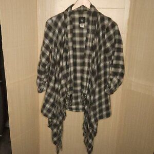 Billabong Womens Blue Plaid Fringe Cotton Open Front Top Medium